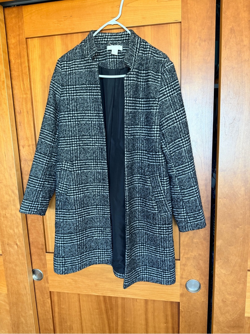 H&M Black & White Plaid Open-Front Pea Coat